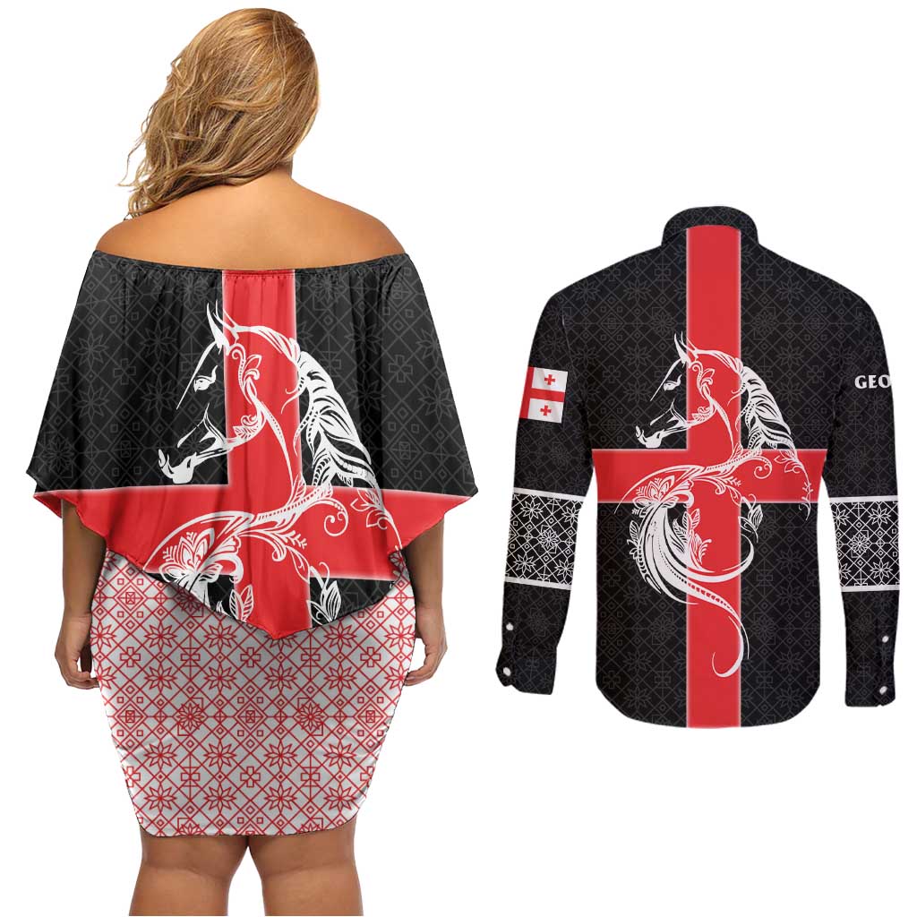 Georgia Couples Matching Off Shoulder Short Dress and Long Sleeve Button Shirt with Black Patterned Red Cross with Dragon Horse Symbol and Silent Pride Quote Design - Wonder Print Shop