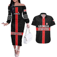 Georgia Couples Matching Off The Shoulder Long Sleeve Dress and Hawaiian Shirt with Black Patterned Red Cross with Dragon Horse Symbol and Silent Pride Quote Design - Wonder Print Shop