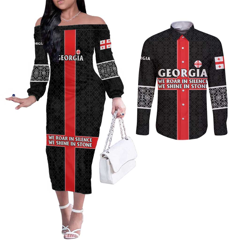 Georgia Couples Matching Off The Shoulder Long Sleeve Dress and Long Sleeve Button Shirt with Black Patterned Red Cross with Dragon Horse Symbol and Silent Pride Quote Design - Wonder Print Shop