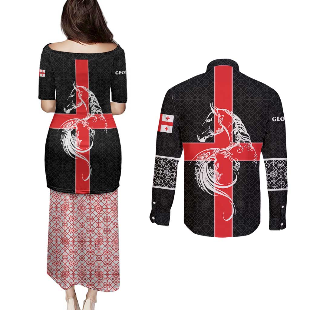 Georgia Couples Matching Puletasi and Long Sleeve Button Shirt with Black Patterned Red Cross with Dragon Horse Symbol and Silent Pride Quote Design - Wonder Print Shop