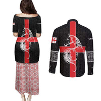 Georgia Couples Matching Puletasi and Long Sleeve Button Shirt with Black Patterned Red Cross with Dragon Horse Symbol and Silent Pride Quote Design - Wonder Print Shop