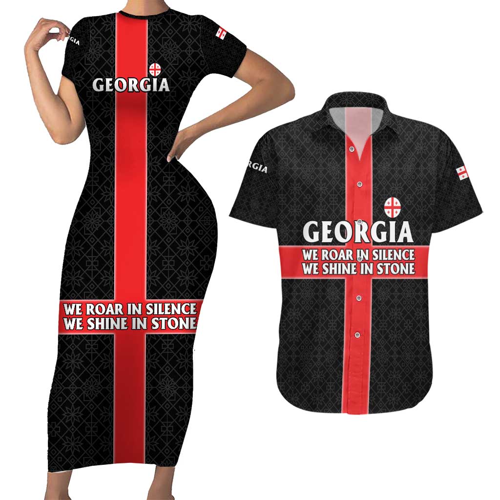 Georgia Couples Matching Short Sleeve Bodycon Dress and Hawaiian Shirt with Black Patterned Red Cross with Dragon Horse Symbol and Silent Pride Quote Design - Wonder Print Shop
