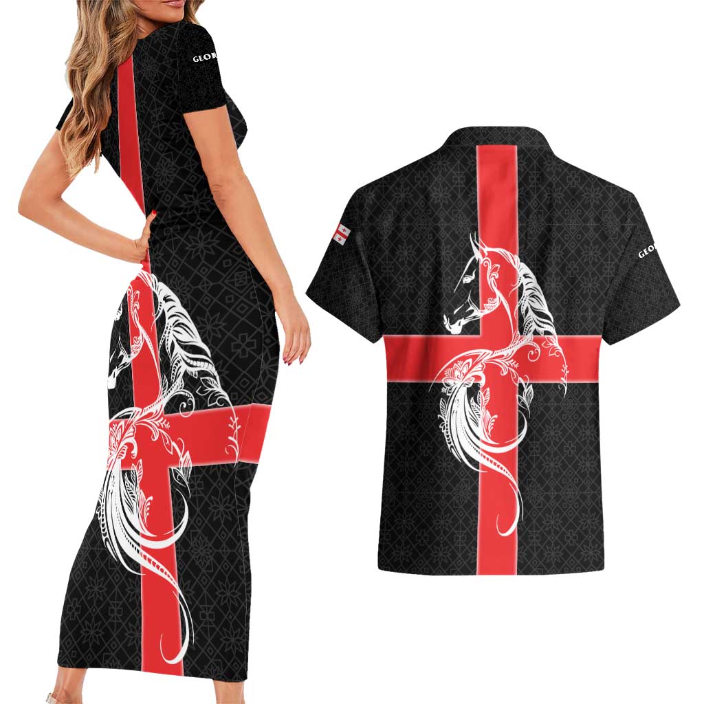 Georgia Couples Matching Short Sleeve Bodycon Dress and Hawaiian Shirt with Black Patterned Red Cross with Dragon Horse Symbol and Silent Pride Quote Design - Wonder Print Shop