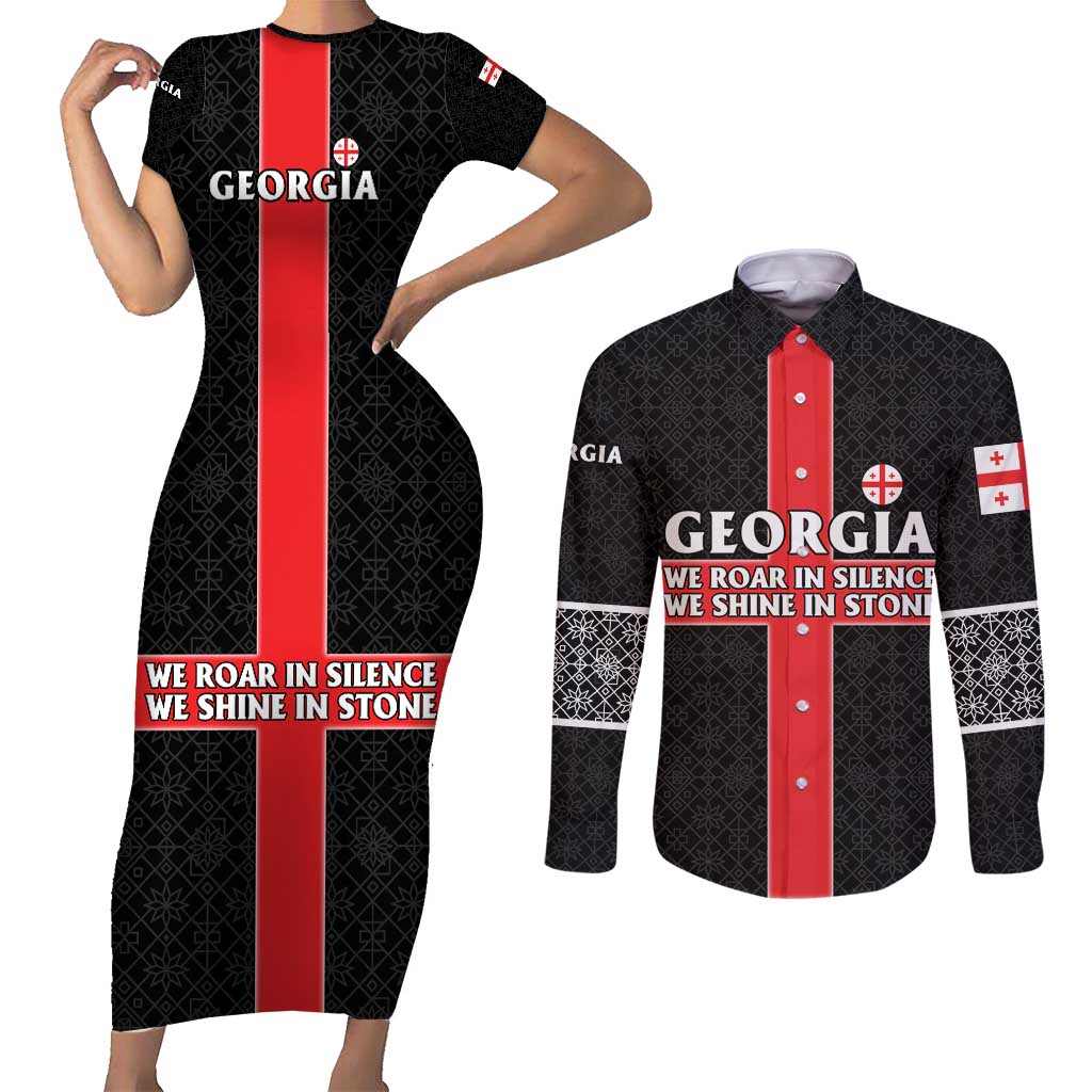 Georgia Couples Matching Short Sleeve Bodycon Dress and Long Sleeve Button Shirt with Black Patterned Red Cross with Dragon Horse Symbol and Silent Pride Quote Design - Wonder Print Shop