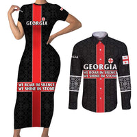 Georgia Couples Matching Short Sleeve Bodycon Dress and Long Sleeve Button Shirt with Black Patterned Red Cross with Dragon Horse Symbol and Silent Pride Quote Design - Wonder Print Shop