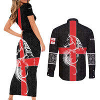Georgia Couples Matching Short Sleeve Bodycon Dress and Long Sleeve Button Shirt with Black Patterned Red Cross with Dragon Horse Symbol and Silent Pride Quote Design - Wonder Print Shop