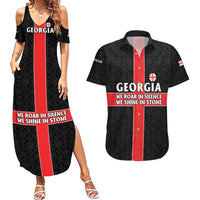 Georgia Couples Matching Summer Maxi Dress and Hawaiian Shirt with Black Patterned Red Cross with Dragon Horse Symbol and Silent Pride Quote Design - Wonder Print Shop