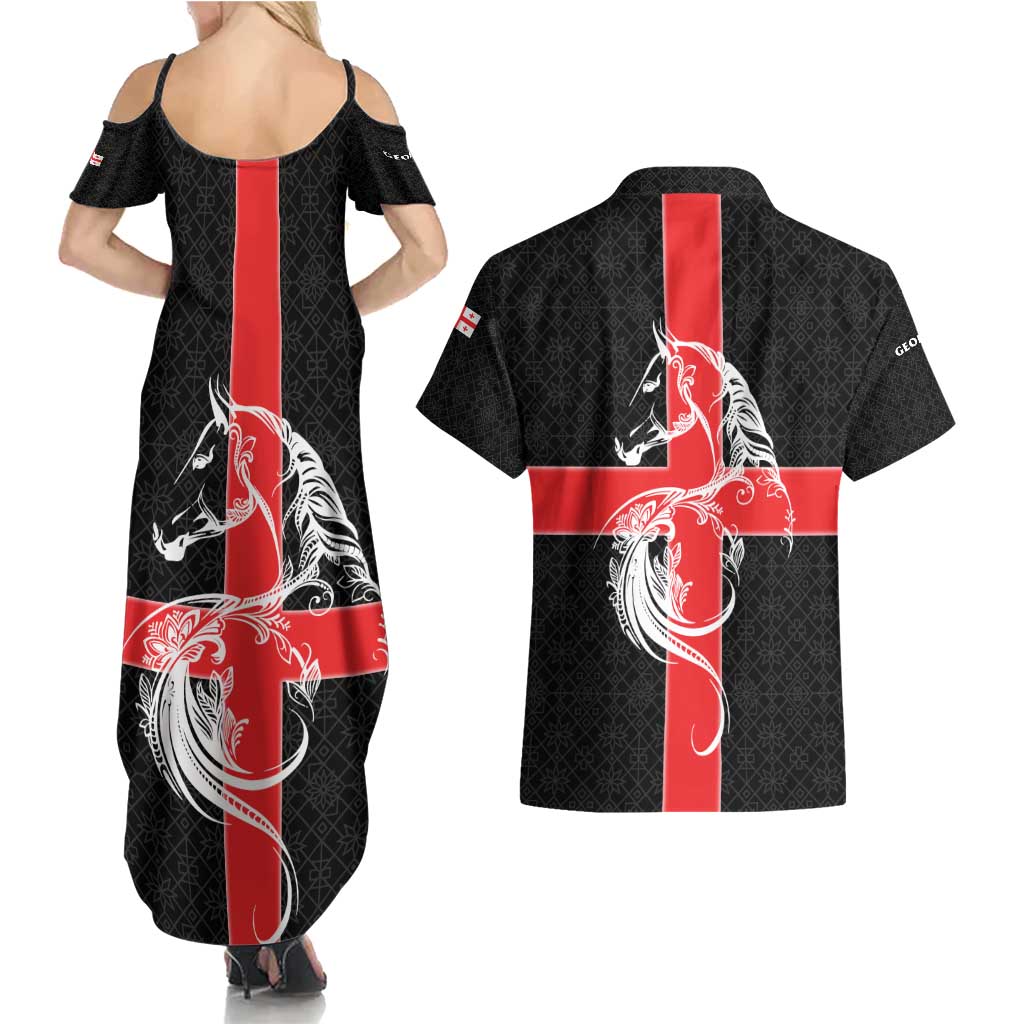 Georgia Couples Matching Summer Maxi Dress and Hawaiian Shirt with Black Patterned Red Cross with Dragon Horse Symbol and Silent Pride Quote Design - Wonder Print Shop