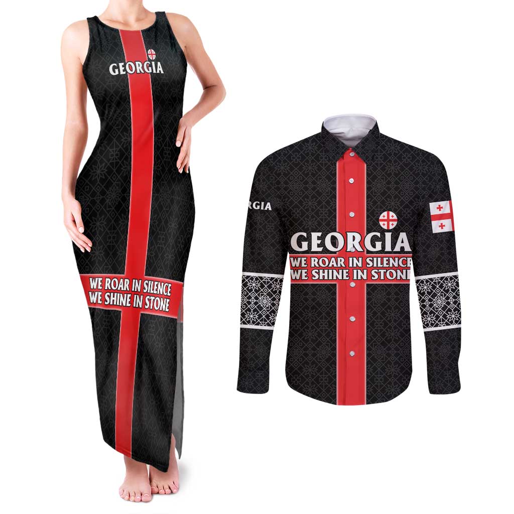 Georgia Couples Matching Tank Maxi Dress and Long Sleeve Button Shirt with Black Patterned Red Cross with Dragon Horse Symbol and Silent Pride Quote Design - Wonder Print Shop