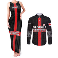 Georgia Couples Matching Tank Maxi Dress and Long Sleeve Button Shirt with Black Patterned Red Cross with Dragon Horse Symbol and Silent Pride Quote Design - Wonder Print Shop