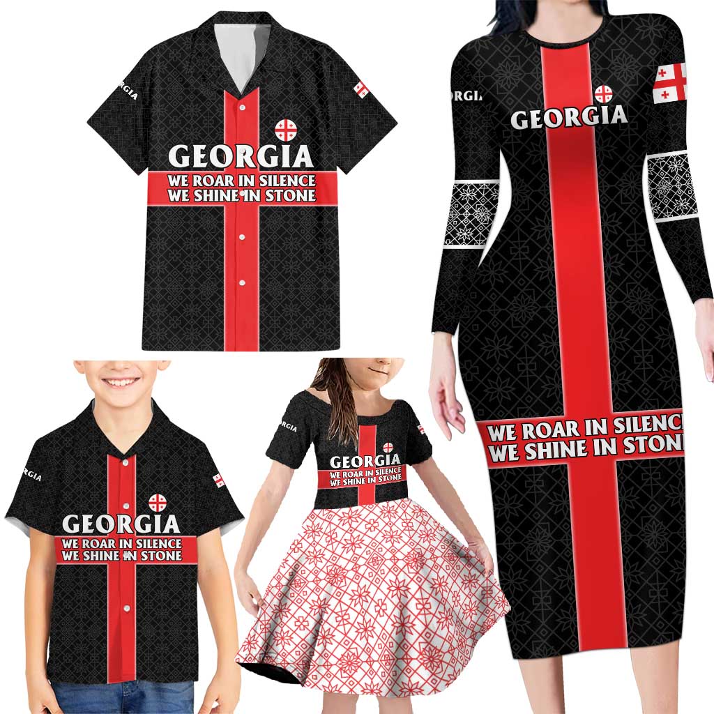 Georgia Family Matching Long Sleeve Bodycon Dress and Hawaiian Shirt with Black Patterned Red Cross with Dragon Horse Symbol and Silent Pride Quote Design - Wonder Print Shop