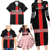 Georgia Family Matching Long Sleeve Bodycon Dress and Hawaiian Shirt with Black Patterned Red Cross with Dragon Horse Symbol and Silent Pride Quote Design - Wonder Print Shop