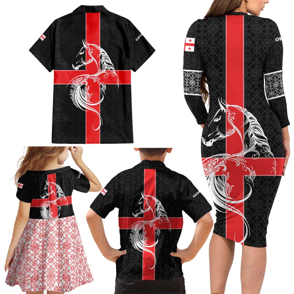 Georgia Family Matching Long Sleeve Bodycon Dress and Hawaiian Shirt with Black Patterned Red Cross with Dragon Horse Symbol and Silent Pride Quote Design - Wonder Print Shop