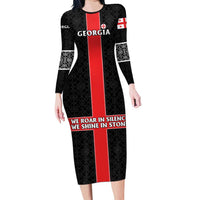 Georgia Family Matching Long Sleeve Bodycon Dress and Hawaiian Shirt with Black Patterned Red Cross with Dragon Horse Symbol and Silent Pride Quote Design - Wonder Print Shop
