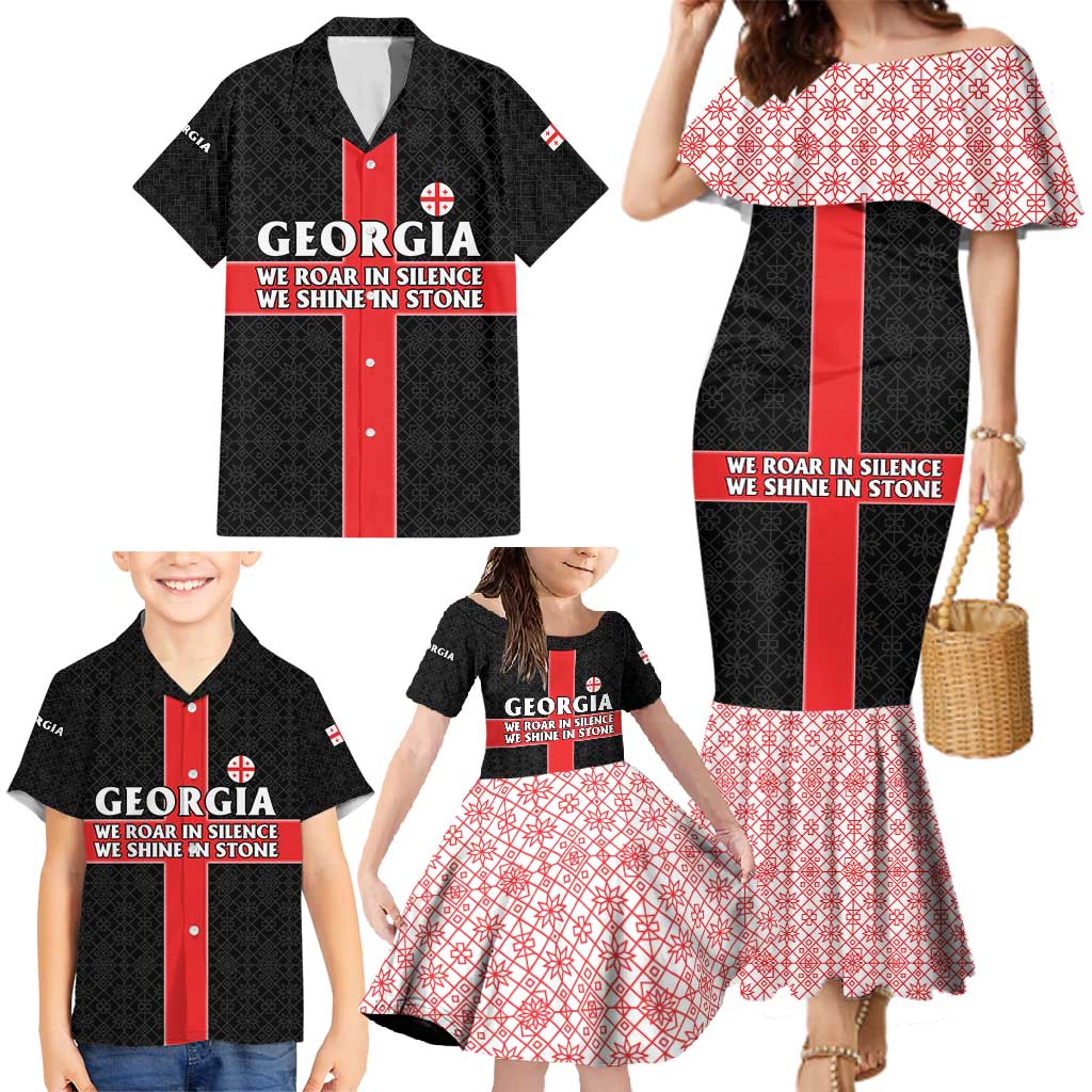 Georgia Family Matching Mermaid Dress and Hawaiian Shirt with Black Patterned Red Cross with Dragon Horse Symbol and Silent Pride Quote Design - Wonder Print Shop