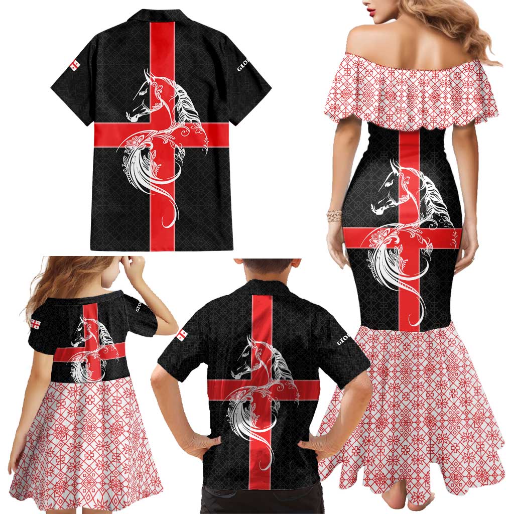 Georgia Family Matching Mermaid Dress and Hawaiian Shirt with Black Patterned Red Cross with Dragon Horse Symbol and Silent Pride Quote Design - Wonder Print Shop