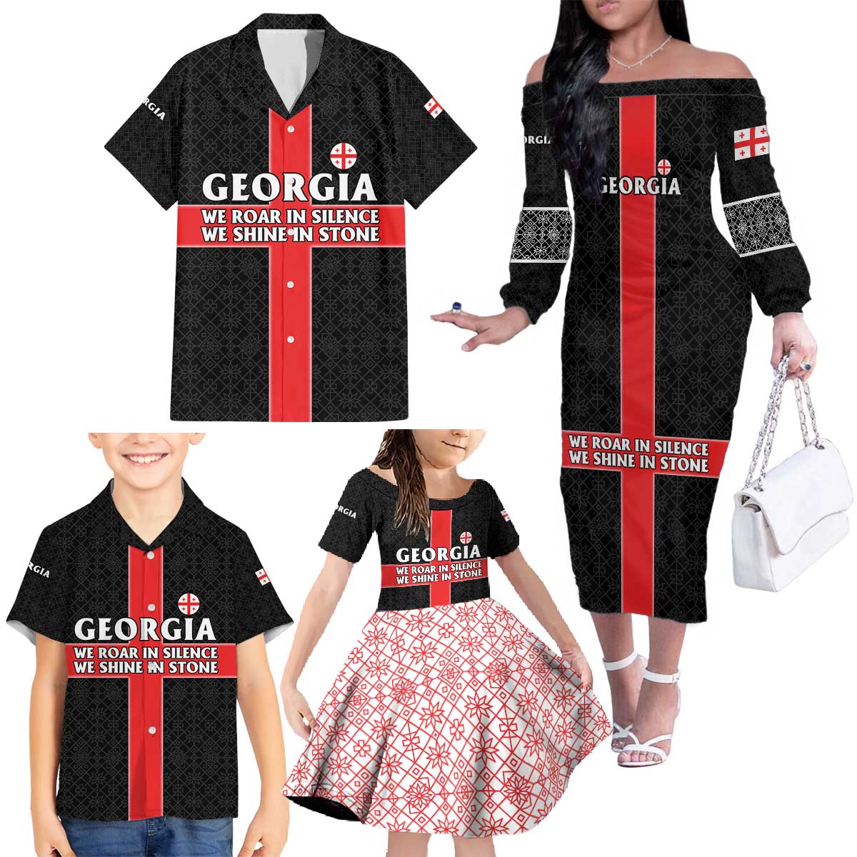 Georgia Family Matching Off The Shoulder Long Sleeve Dress and Hawaiian Shirt with Black Patterned Red Cross with Dragon Horse Symbol and Silent Pride Quote Design - Wonder Print Shop