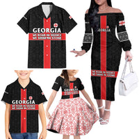 Georgia Family Matching Off The Shoulder Long Sleeve Dress and Hawaiian Shirt with Black Patterned Red Cross with Dragon Horse Symbol and Silent Pride Quote Design - Wonder Print Shop
