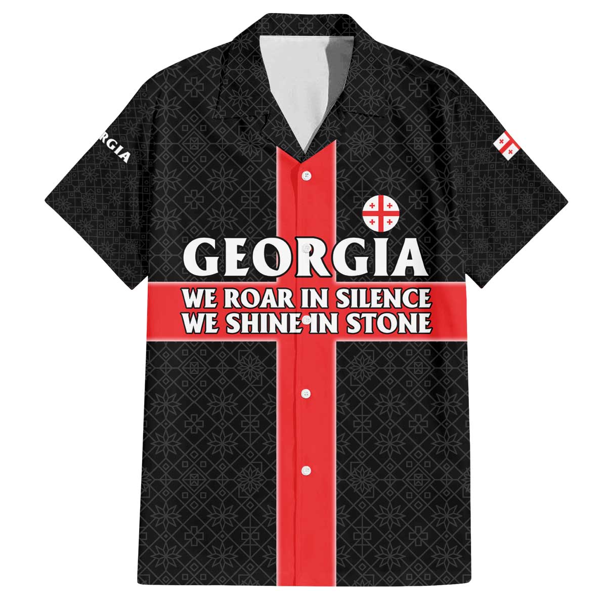 Georgia Family Matching Off The Shoulder Long Sleeve Dress and Hawaiian Shirt with Black Patterned Red Cross with Dragon Horse Symbol and Silent Pride Quote Design - Wonder Print Shop