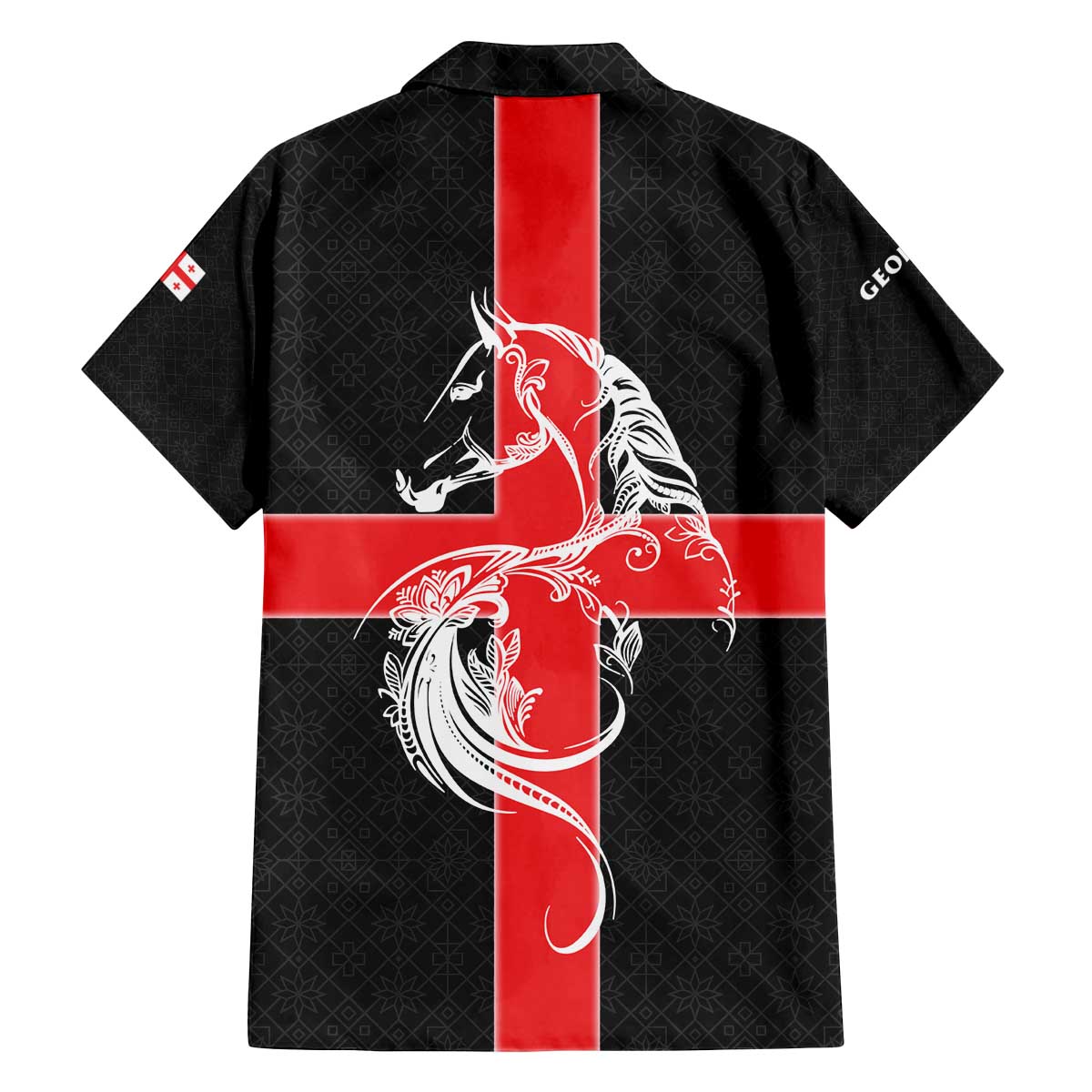 Georgia Family Matching Off The Shoulder Long Sleeve Dress and Hawaiian Shirt with Black Patterned Red Cross with Dragon Horse Symbol and Silent Pride Quote Design - Wonder Print Shop
