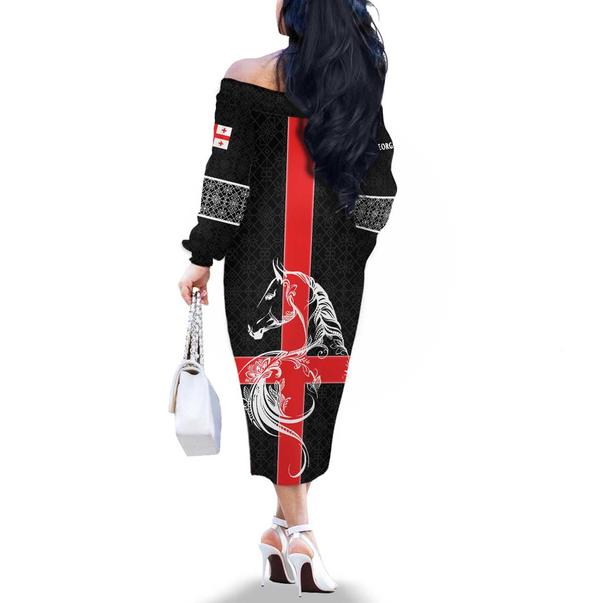 Georgia Family Matching Off The Shoulder Long Sleeve Dress and Hawaiian Shirt with Black Patterned Red Cross with Dragon Horse Symbol and Silent Pride Quote Design - Wonder Print Shop