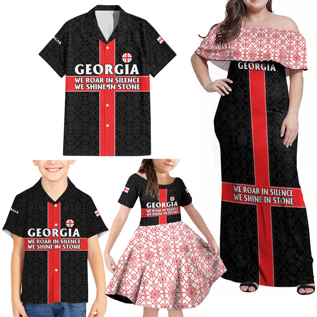 Georgia Family Matching Off Shoulder Maxi Dress and Hawaiian Shirt with Black Patterned Red Cross with Dragon Horse Symbol and Silent Pride Quote Design - Wonder Print Shop
