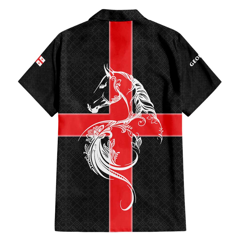 Georgia Family Matching Off Shoulder Maxi Dress and Hawaiian Shirt with Black Patterned Red Cross with Dragon Horse Symbol and Silent Pride Quote Design - Wonder Print Shop