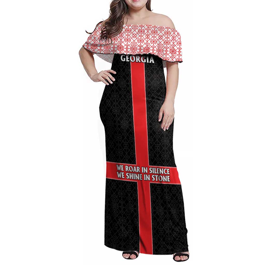 Georgia Family Matching Off Shoulder Maxi Dress and Hawaiian Shirt with Black Patterned Red Cross with Dragon Horse Symbol and Silent Pride Quote Design - Wonder Print Shop