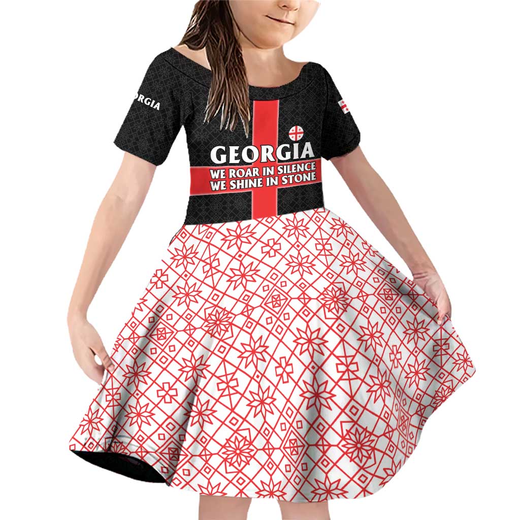 Georgia Family Matching Off Shoulder Short Dress and Hawaiian Shirt with Black Patterned Red Cross with Dragon Horse Symbol and Silent Pride Quote Design - Wonder Print Shop