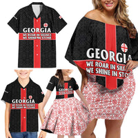 Georgia Family Matching Off Shoulder Short Dress and Hawaiian Shirt with Black Patterned Red Cross with Dragon Horse Symbol and Silent Pride Quote Design - Wonder Print Shop