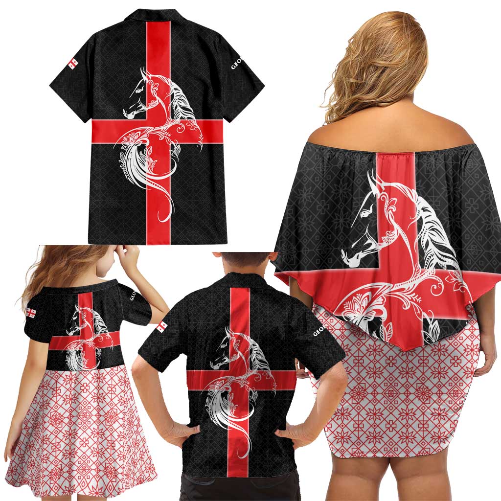 Georgia Family Matching Off Shoulder Short Dress and Hawaiian Shirt with Black Patterned Red Cross with Dragon Horse Symbol and Silent Pride Quote Design - Wonder Print Shop