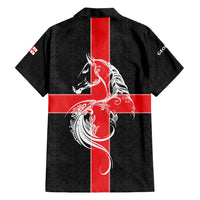 Georgia Family Matching Off Shoulder Short Dress and Hawaiian Shirt with Black Patterned Red Cross with Dragon Horse Symbol and Silent Pride Quote Design - Wonder Print Shop