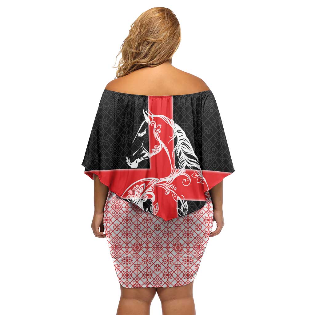 Georgia Family Matching Off Shoulder Short Dress and Hawaiian Shirt with Black Patterned Red Cross with Dragon Horse Symbol and Silent Pride Quote Design - Wonder Print Shop