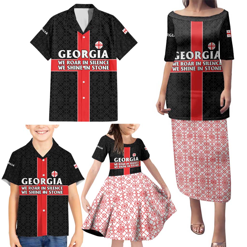 Georgia Family Matching Puletasi and Hawaiian Shirt with Black Patterned Red Cross with Dragon Horse Symbol and Silent Pride Quote Design - Wonder Print Shop