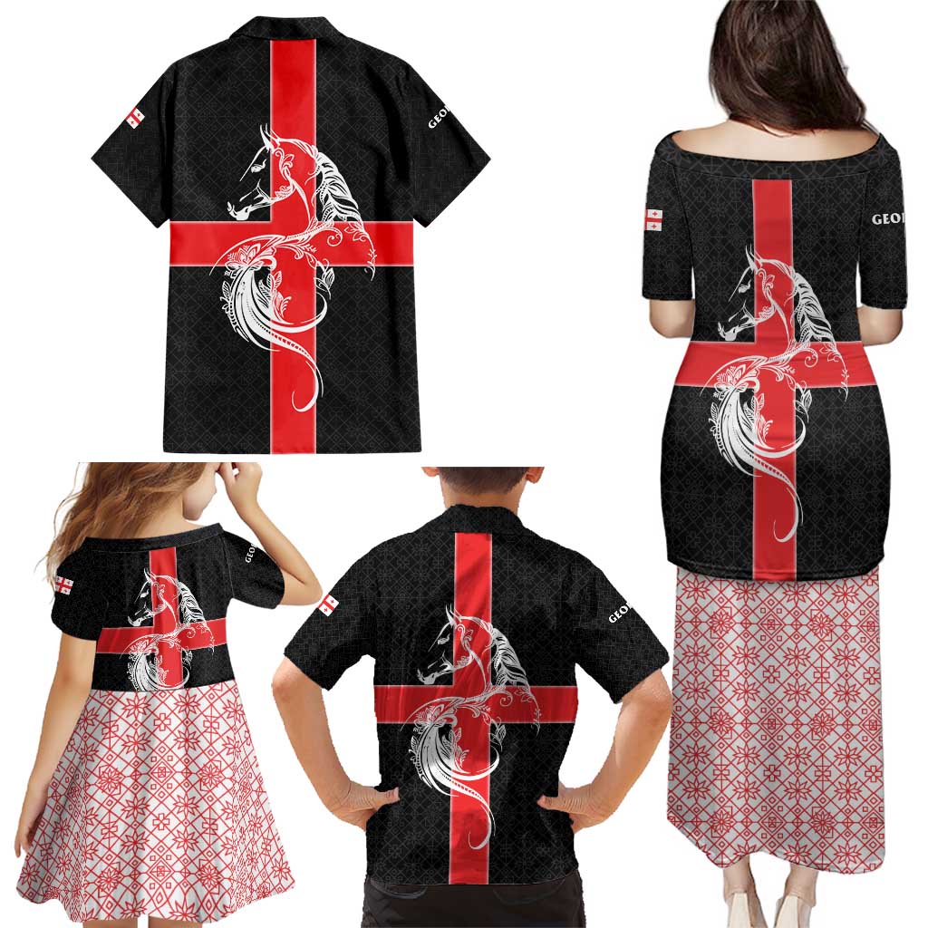 Georgia Family Matching Puletasi and Hawaiian Shirt with Black Patterned Red Cross with Dragon Horse Symbol and Silent Pride Quote Design - Wonder Print Shop
