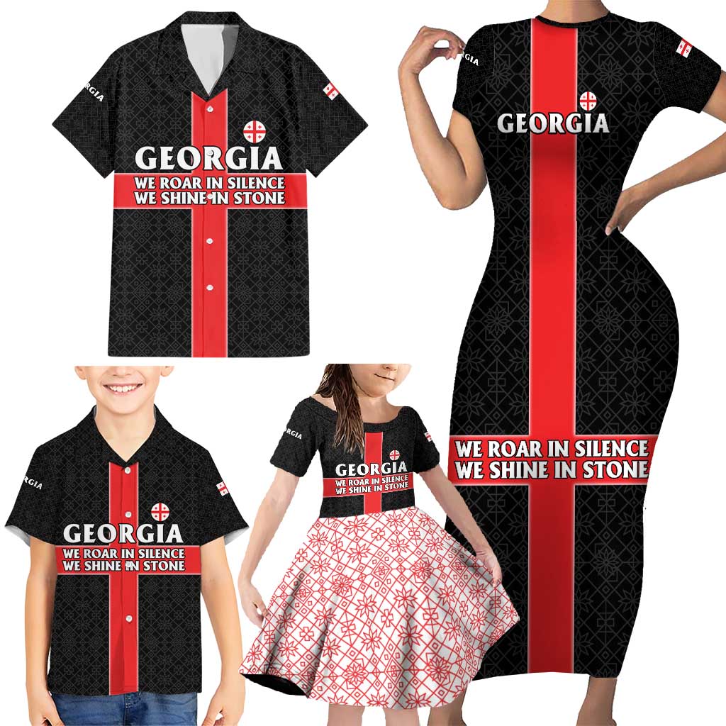 Georgia Family Matching Short Sleeve Bodycon Dress and Hawaiian Shirt with Black Patterned Red Cross with Dragon Horse Symbol and Silent Pride Quote Design - Wonder Print Shop