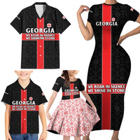Georgia Family Matching Short Sleeve Bodycon Dress and Hawaiian Shirt with Black Patterned Red Cross with Dragon Horse Symbol and Silent Pride Quote Design - Wonder Print Shop