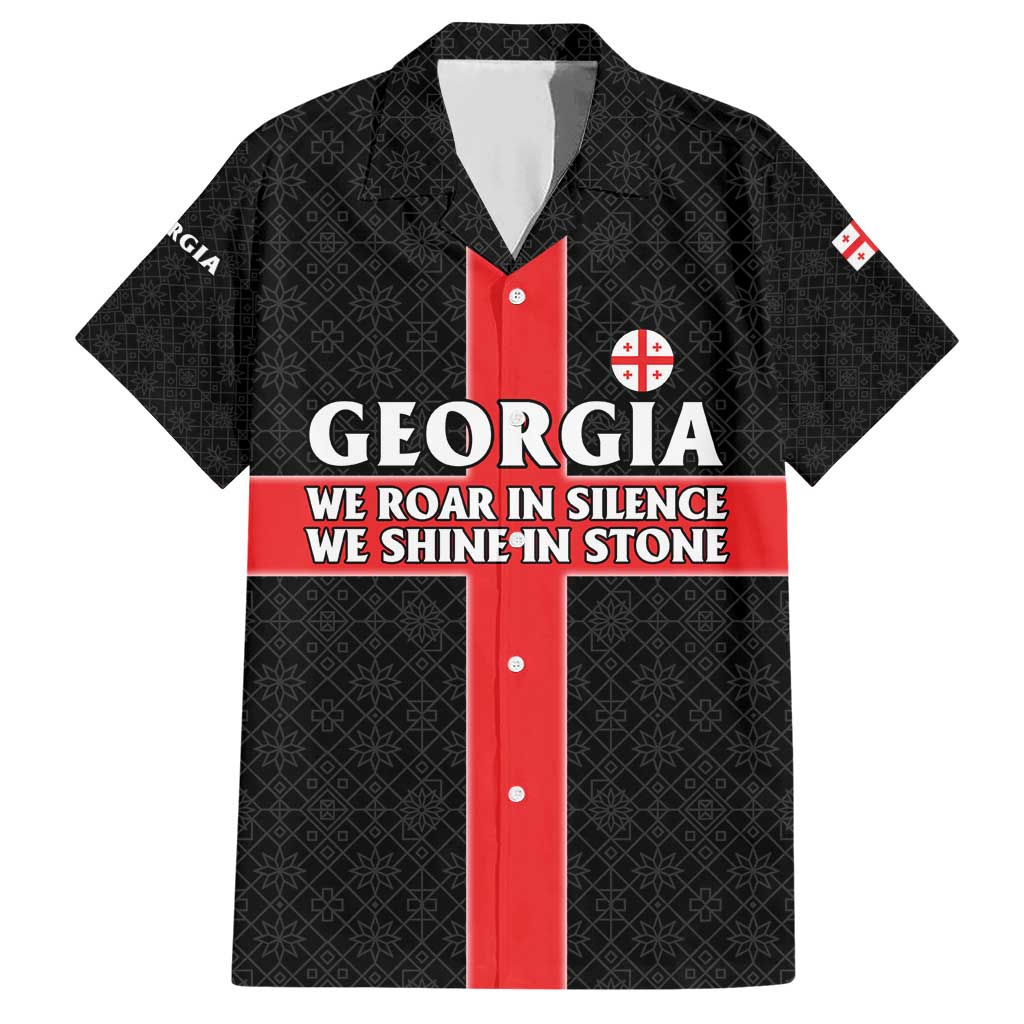Georgia Family Matching Short Sleeve Bodycon Dress and Hawaiian Shirt with Black Patterned Red Cross with Dragon Horse Symbol and Silent Pride Quote Design - Wonder Print Shop