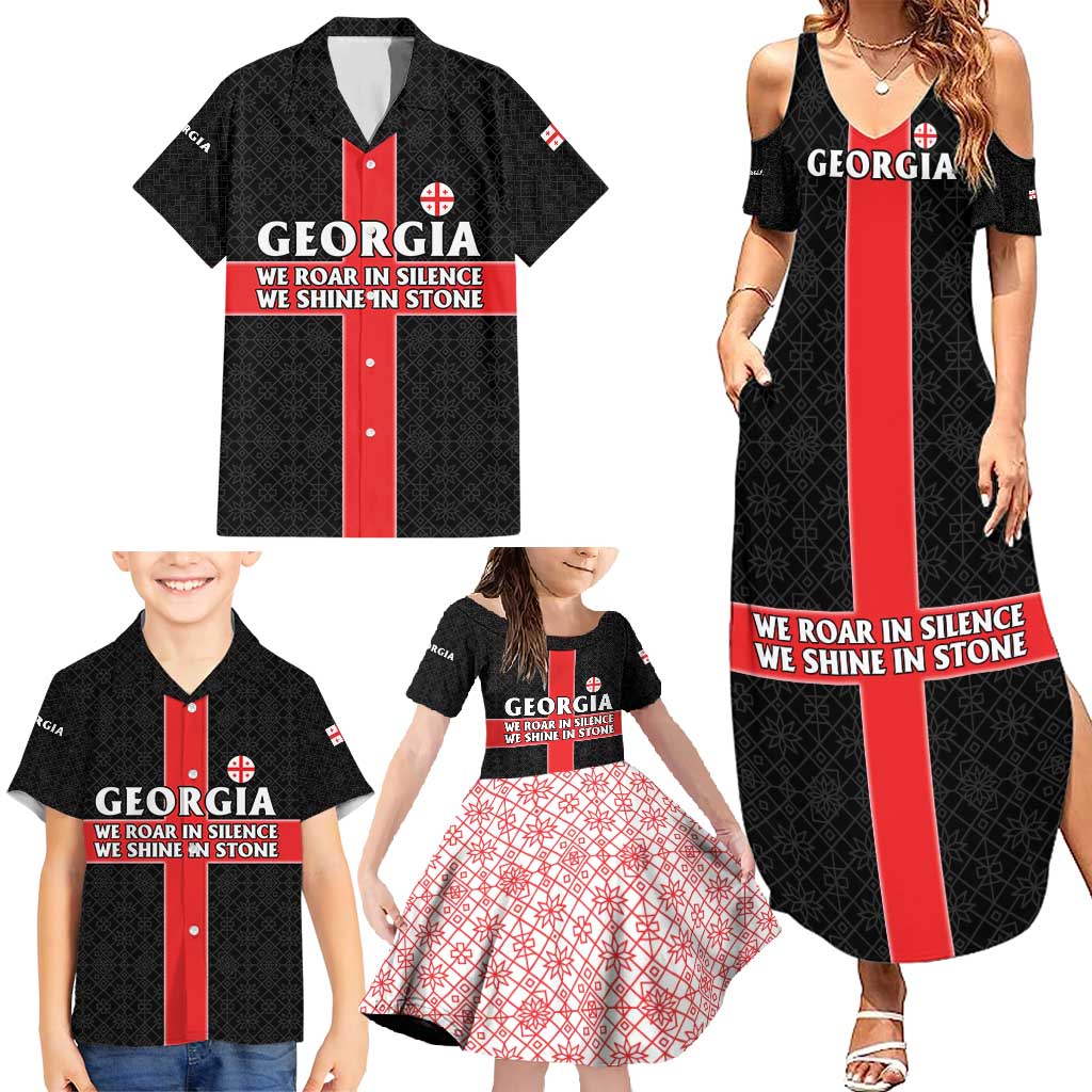 Georgia Family Matching Summer Maxi Dress and Hawaiian Shirt with Black Patterned Red Cross with Dragon Horse Symbol and Silent Pride Quote Design - Wonder Print Shop
