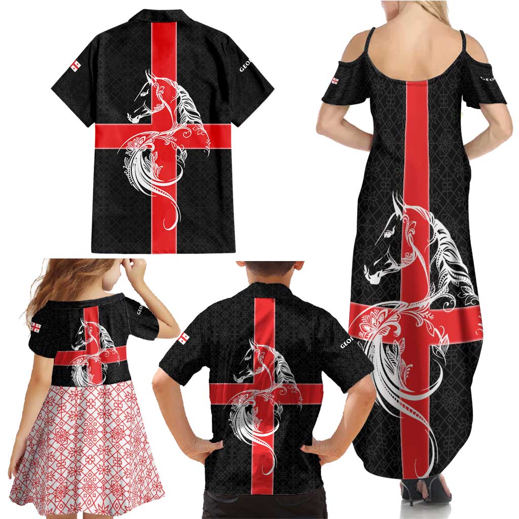 Georgia Family Matching Summer Maxi Dress and Hawaiian Shirt with Black Patterned Red Cross with Dragon Horse Symbol and Silent Pride Quote Design - Wonder Print Shop