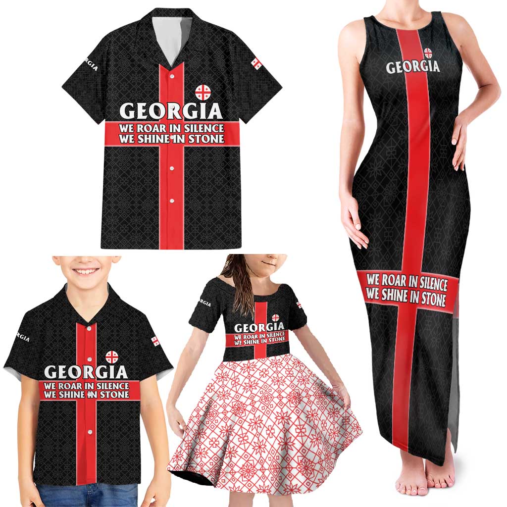 Georgia Family Matching Tank Maxi Dress and Hawaiian Shirt with Black Patterned Red Cross with Dragon Horse Symbol and Silent Pride Quote Design - Wonder Print Shop