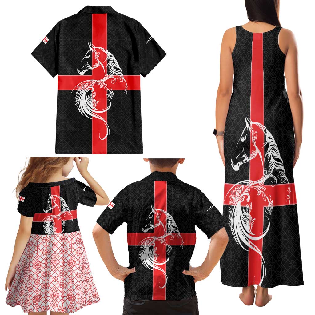 Georgia Family Matching Tank Maxi Dress and Hawaiian Shirt with Black Patterned Red Cross with Dragon Horse Symbol and Silent Pride Quote Design - Wonder Print Shop