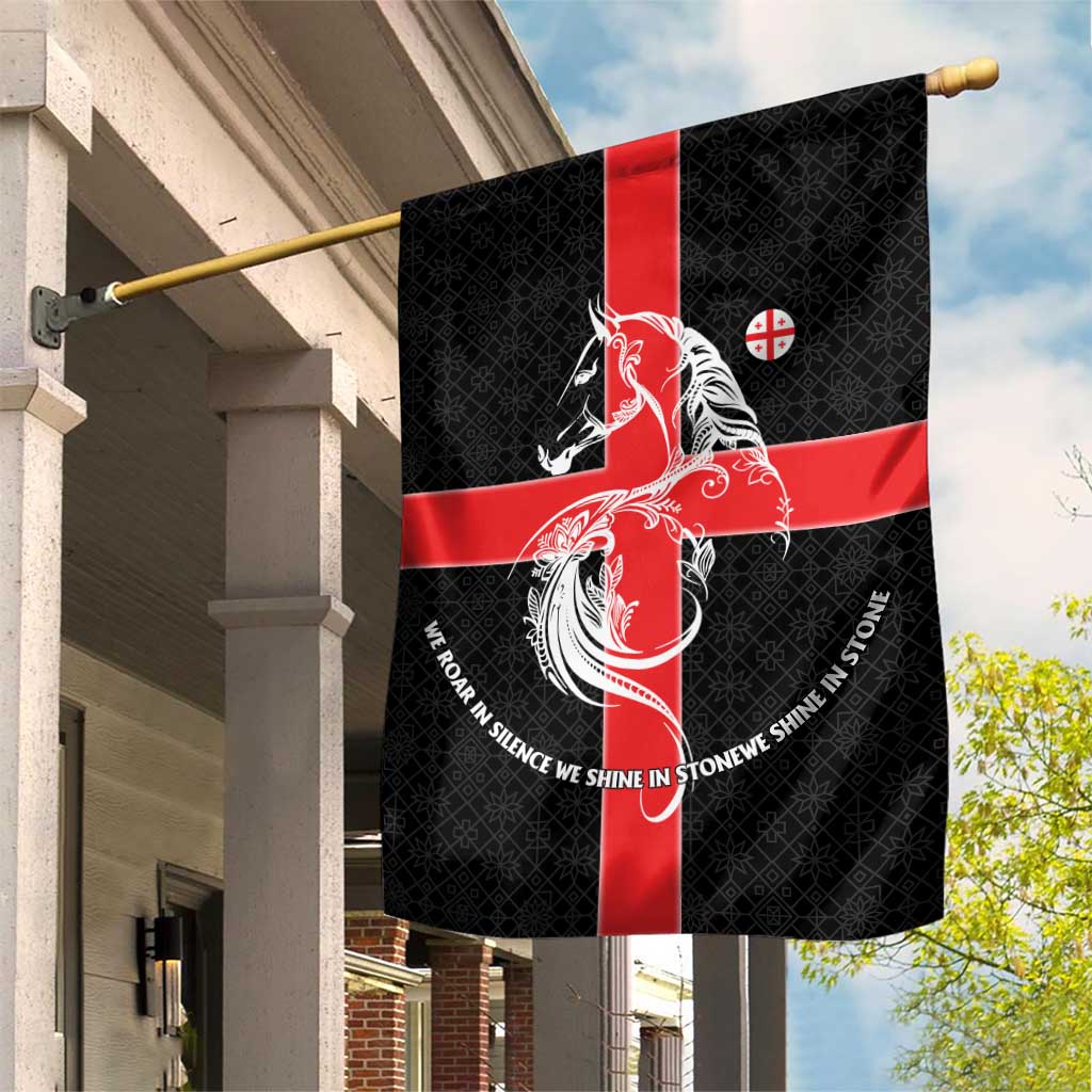Georgia Garden Flag with Black Patterned Red Cross with Dragon Horse Symbol and Silent Pride Quote Design - Wonder Print Shop