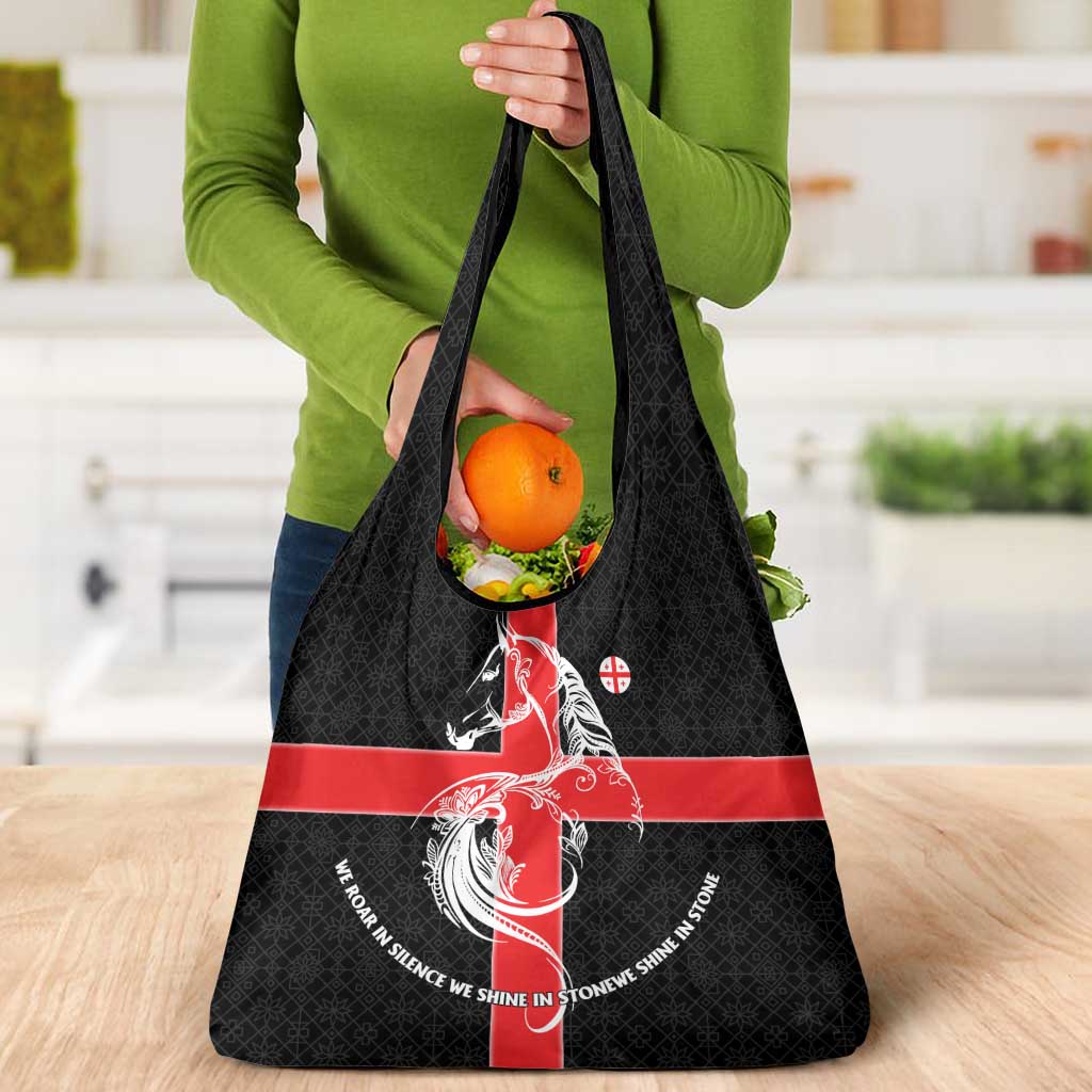 Georgia Grocery Bag with Black Patterned Red Cross with Dragon Horse Symbol and Silent Pride Quote Design - Wonder Print Shop