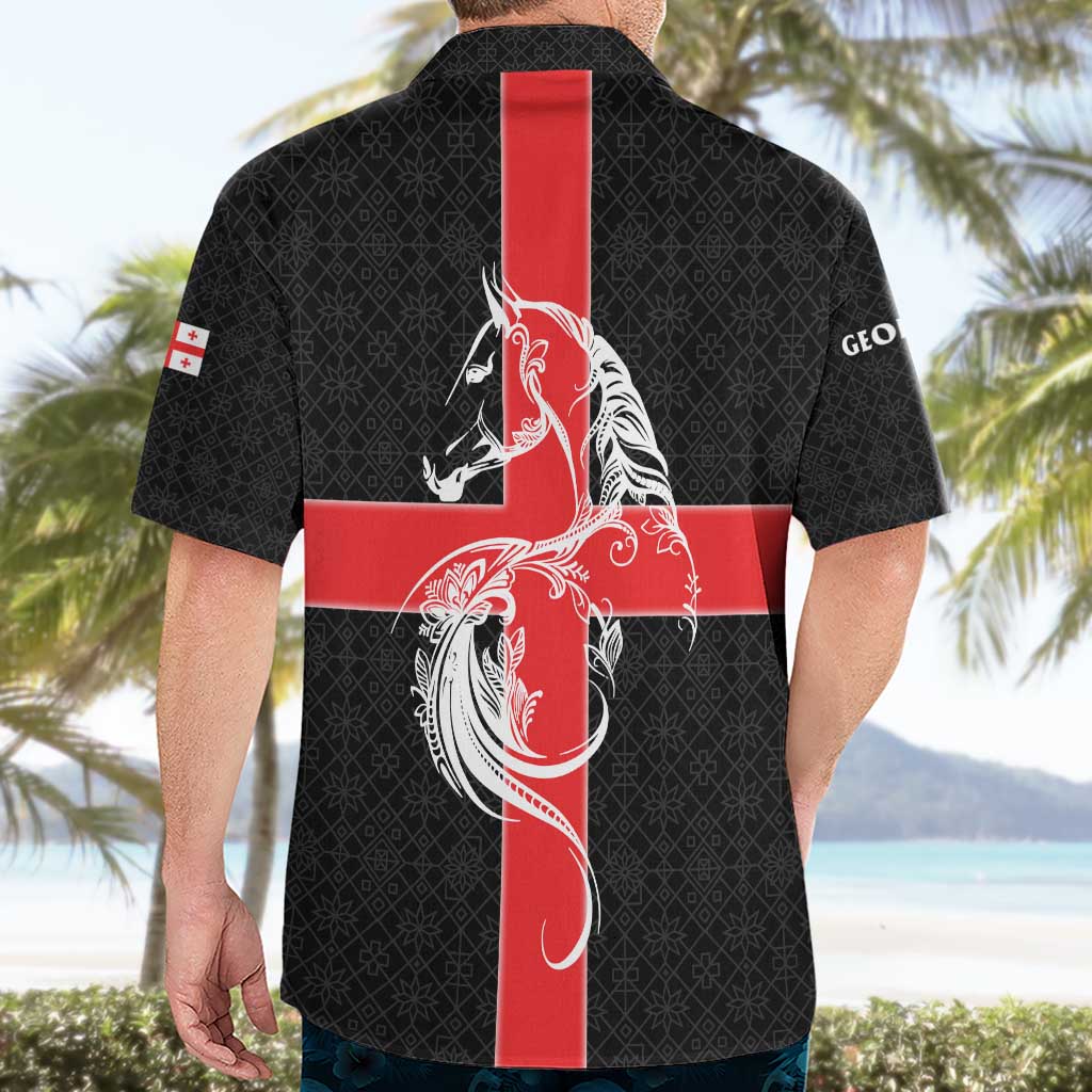 Georgia Hawaiian Shirt with Black Patterned Red Cross with Dragon Horse Symbol and Silent Pride Quote Design - Wonder Print Shop