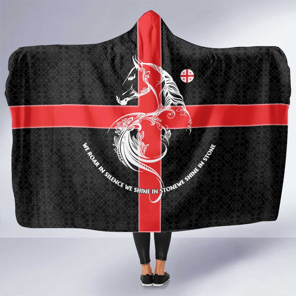 Georgia Hooded Blanket with Black Patterned Red Cross with Dragon Horse Symbol and Silent Pride Quote Design - Wonder Print Shop