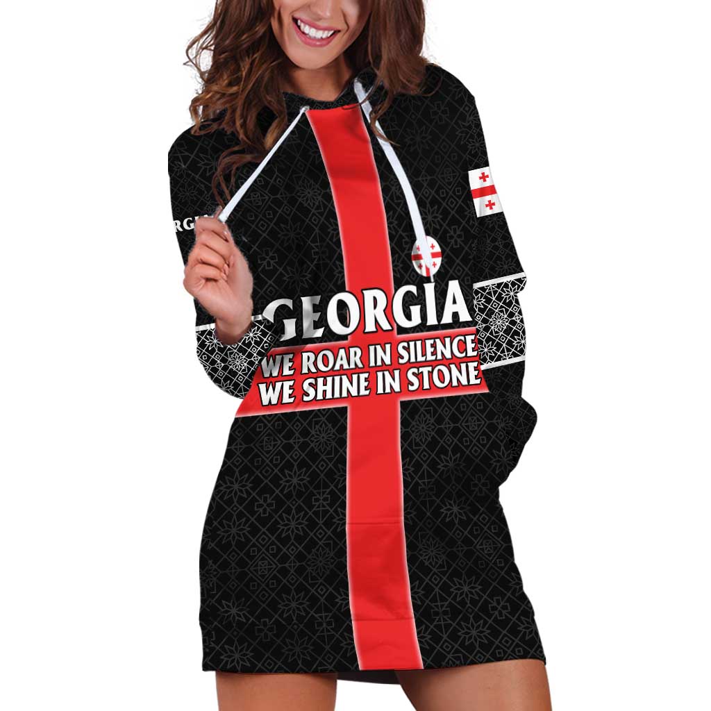 Georgia Hoodie Dress with Black Patterned Red Cross with Dragon Horse Symbol and Silent Pride Quote Design - Wonder Print Shop
