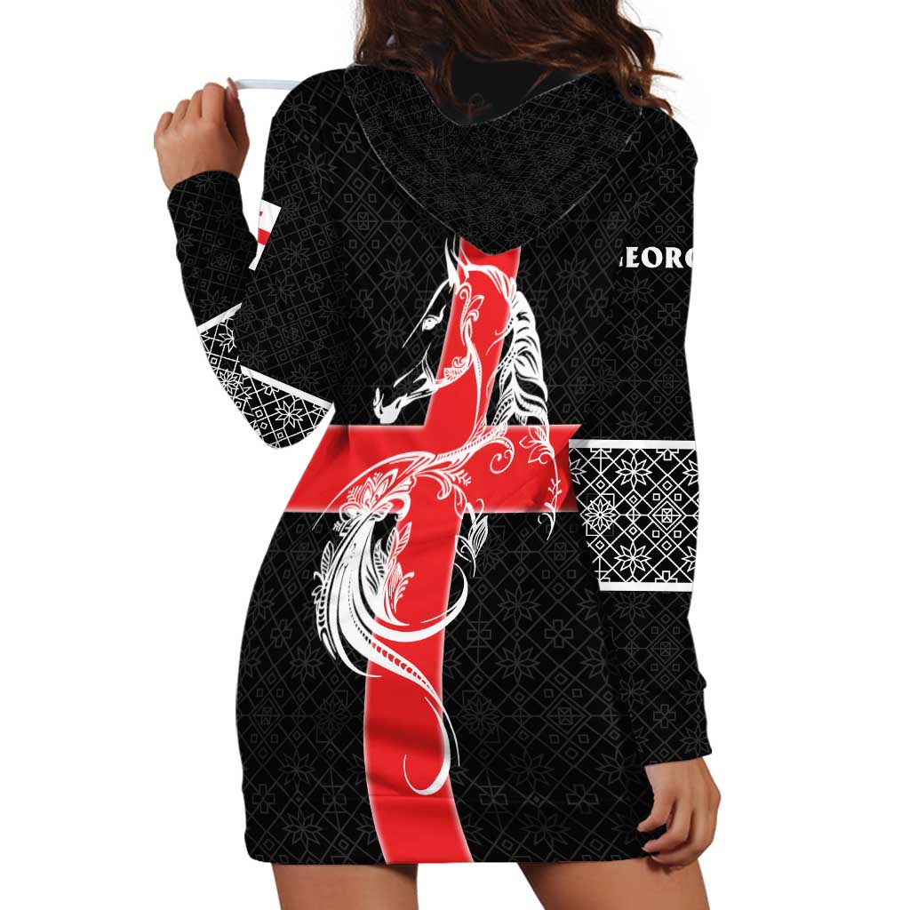 Georgia Hoodie Dress with Black Patterned Red Cross with Dragon Horse Symbol and Silent Pride Quote Design - Wonder Print Shop