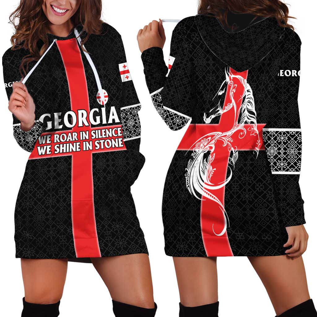 Georgia Hoodie Dress with Black Patterned Red Cross with Dragon Horse Symbol and Silent Pride Quote Design - Wonder Print Shop