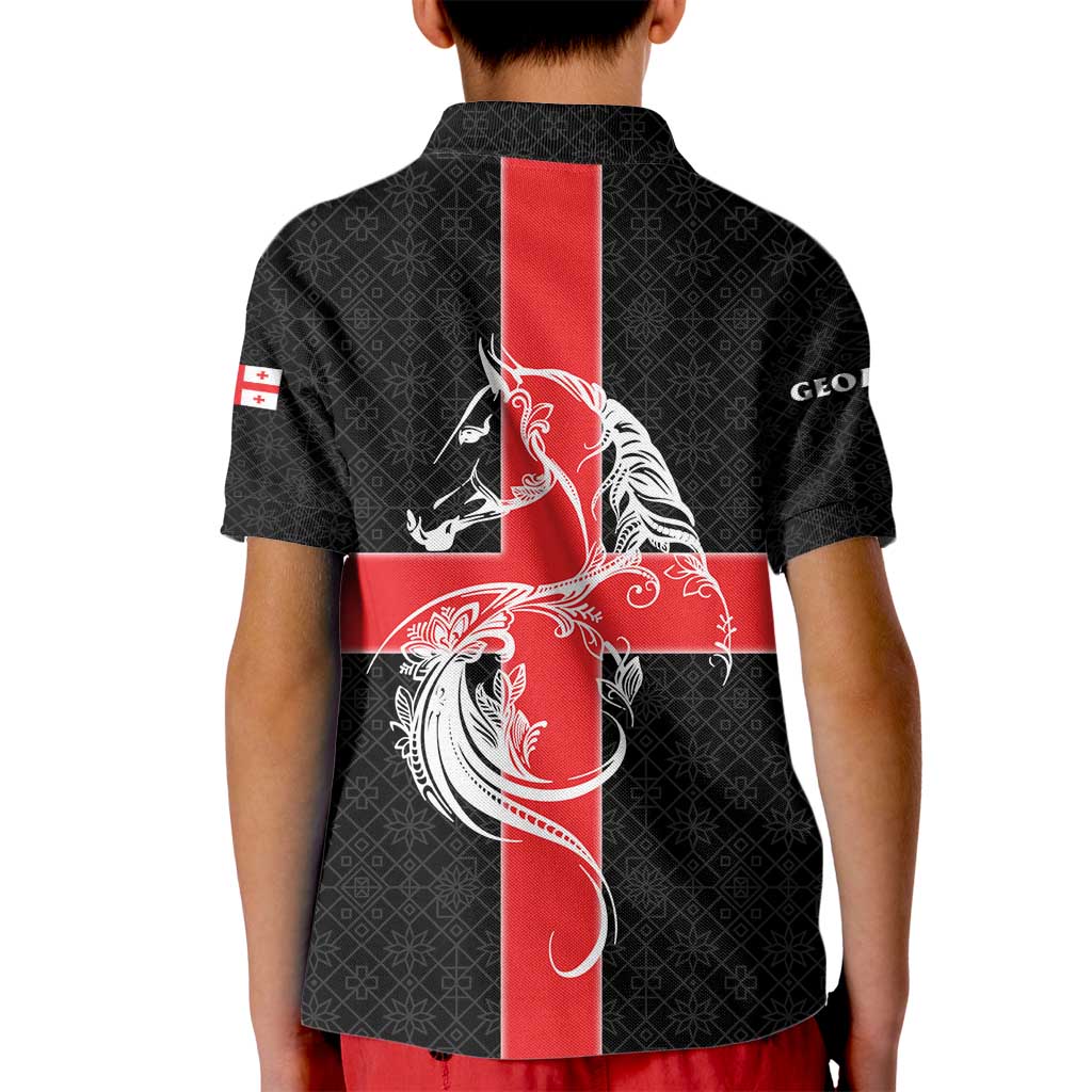 Georgia Kid Polo Shirt with Black Patterned Red Cross with Dragon Horse Symbol and Silent Pride Quote Design - Wonder Print Shop
